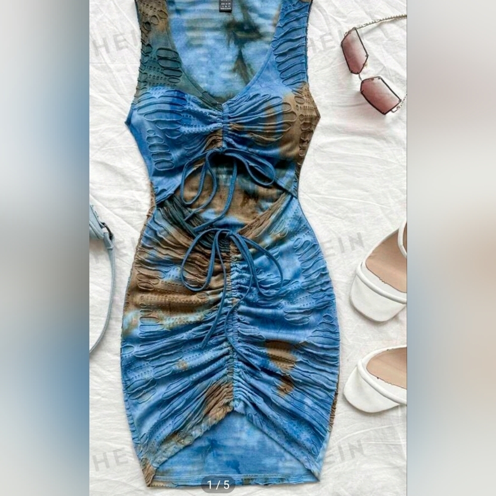SHEIN Blue and Brown Asymmetrical Ruched Bodycon Dress